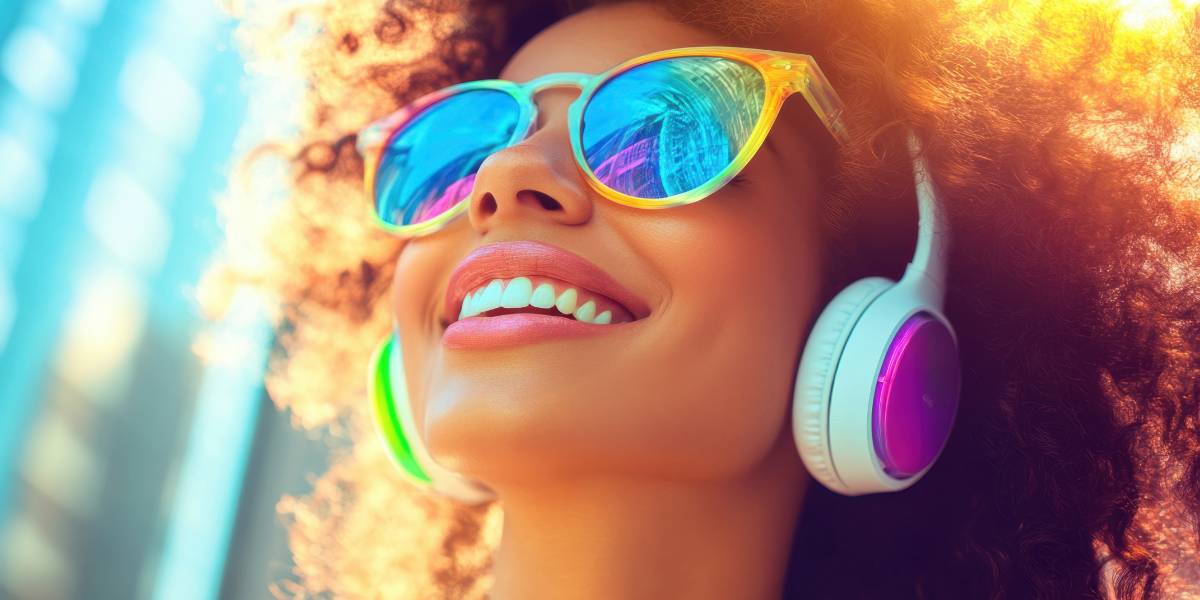 Persona disfrutando música con auriculares y colores vibrantes, simbolizando cómo la personalización de Spotify Wrapped activa la identidad y genera conexión emocional en neuromarketing.