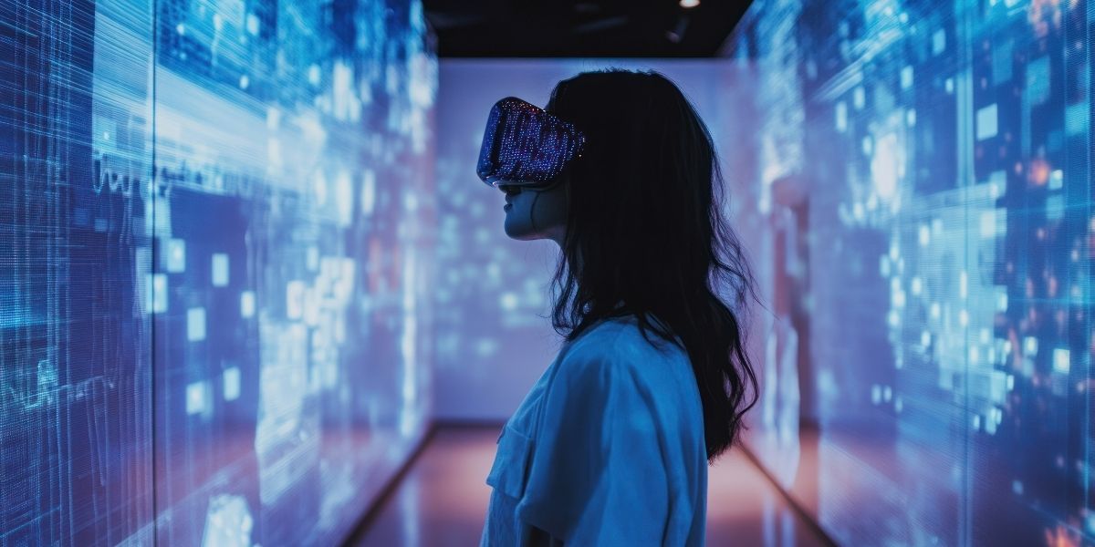 Mujer utilizando gafas de realidad virtual en un entorno digital interactivo para marketing de experiencia.