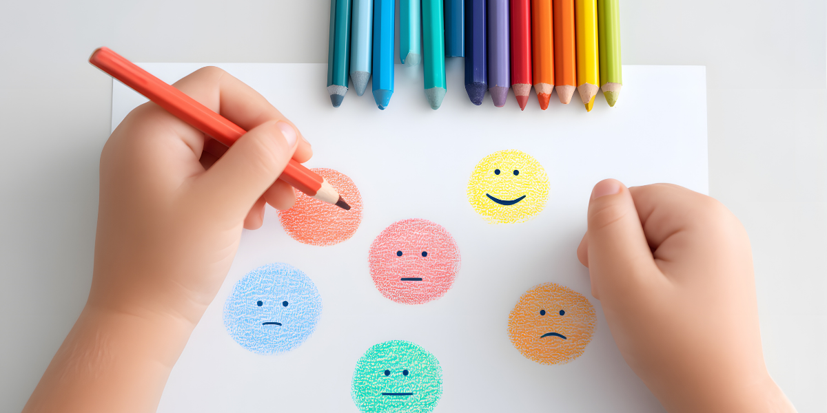 Manos coloreando expresiones emocionales para ilustrar cómo el storytelling emocional de Spotify Wrapped activa la dopamina y fortalece el recuerdo de marca.