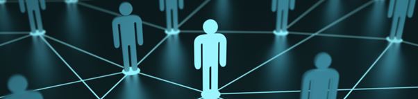 Gráfico 3D de figuras humanas interconectadas representando una red de networking profesional y comunicación.