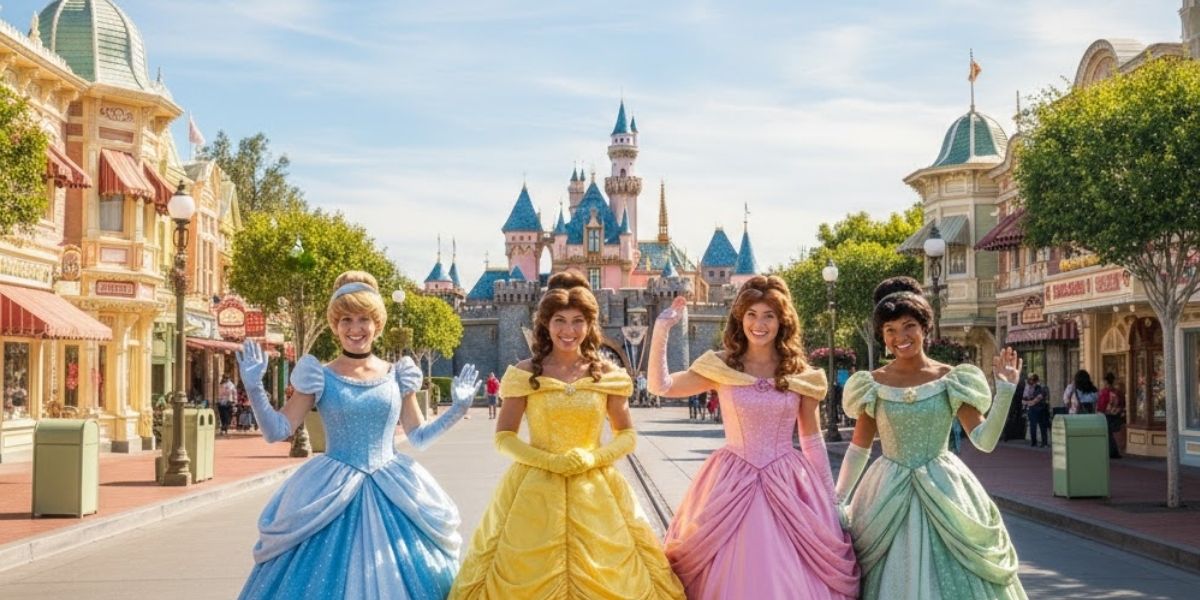 Princesas Disney saludando, representando afecto en la psicología del consumidor de Disney.