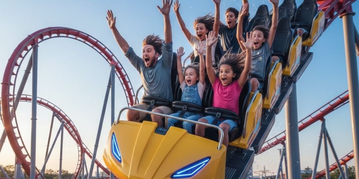 Familia disfrutando de una montaña rusa en un parque Disney, una de las atracciones más emocionantes para niños y adultos