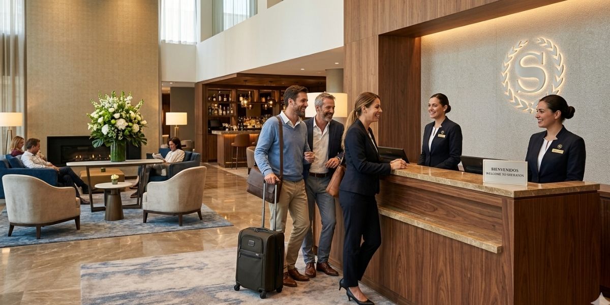 Lobby de hotel moderno y acogedor diseñado para reducir el estrés del viajero mediante el uso de luz natural y espacios abiertos